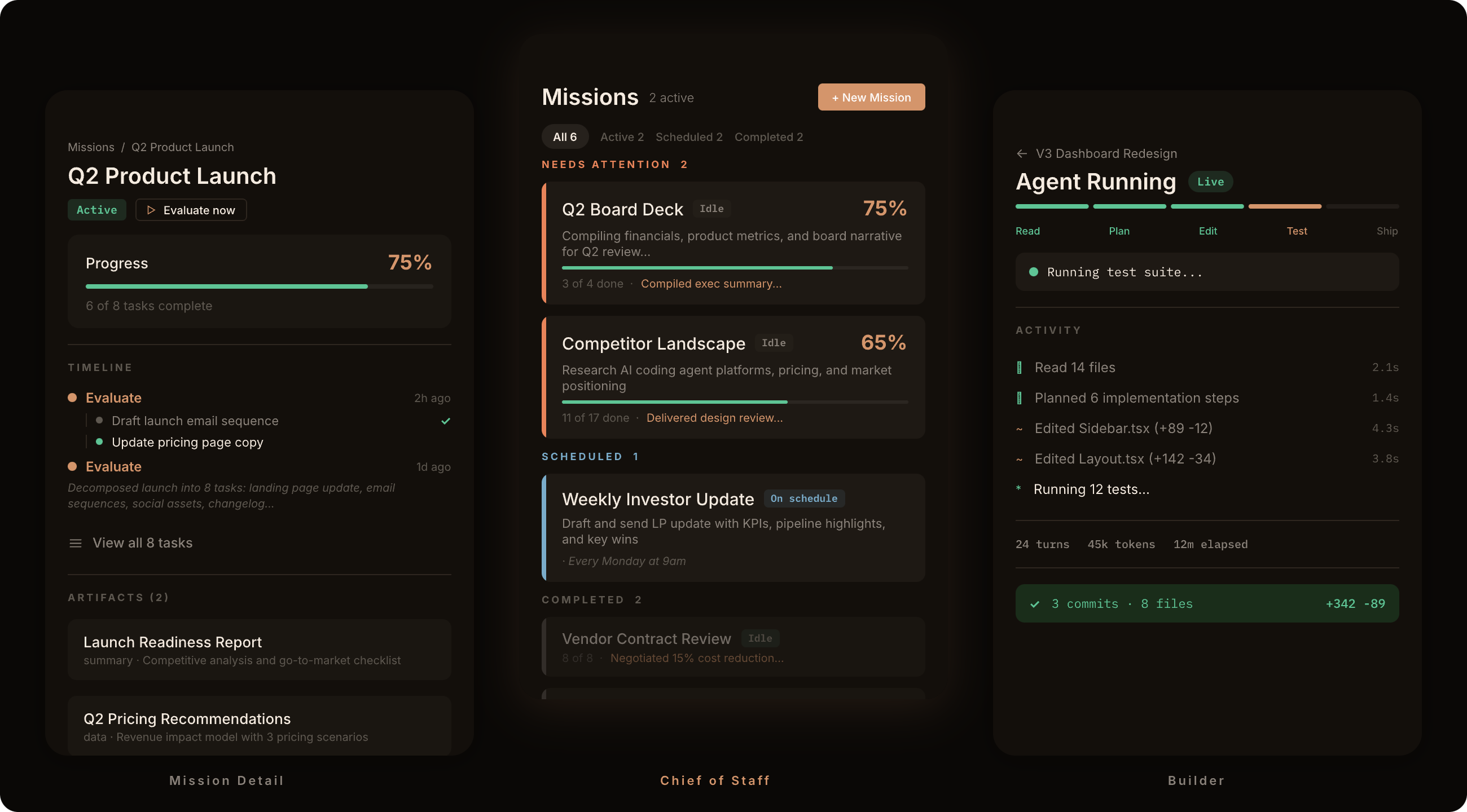 buildd — Mission Detail, Missions Overview, and Agent Running views